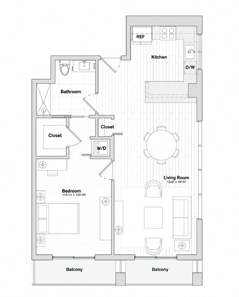 Floor plan for 1 bed, 1 bath, 947 sqft